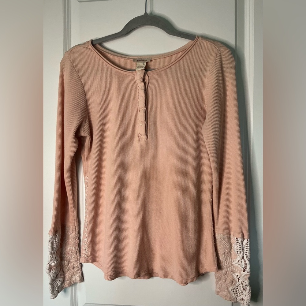 Sundance Women’s Waffle Knit Henley Embroidered Boho Artisan Size Medium Pink